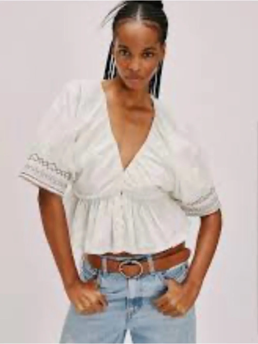 Free People  Where We Meet Peplum Puff-Sleeve Blouse with Embroidered Cuffs